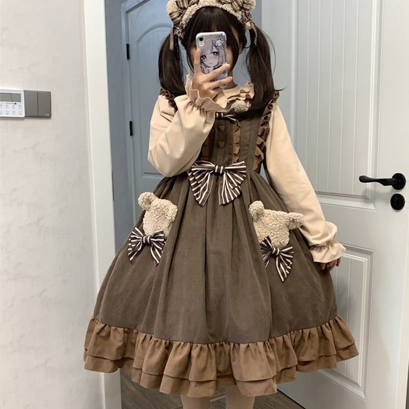 ベアキャミソールスカート秋冬 日系 です メイド服 ワンピース コスチューム コスプレかわいい学生ワンピース ワンピース Lolitaワンピース ドレス ワンピース 秋冬 パーティードレス ロングワン