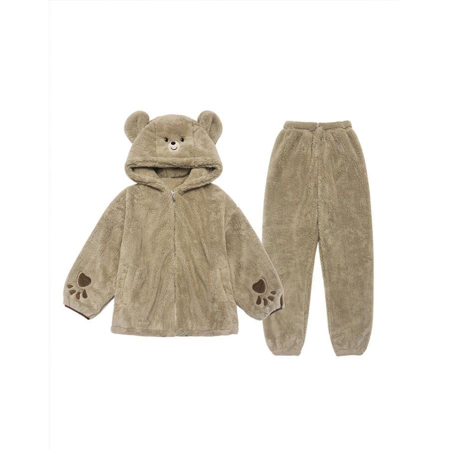 着ぐるみ クマ耳 冬用 大人用 動物 暖かい パジャマ 2点セット 前開き レディース ルームウェア 着る毛布 可愛い パジャマ ルームウェア 長袖 寝巻き もこもこ
