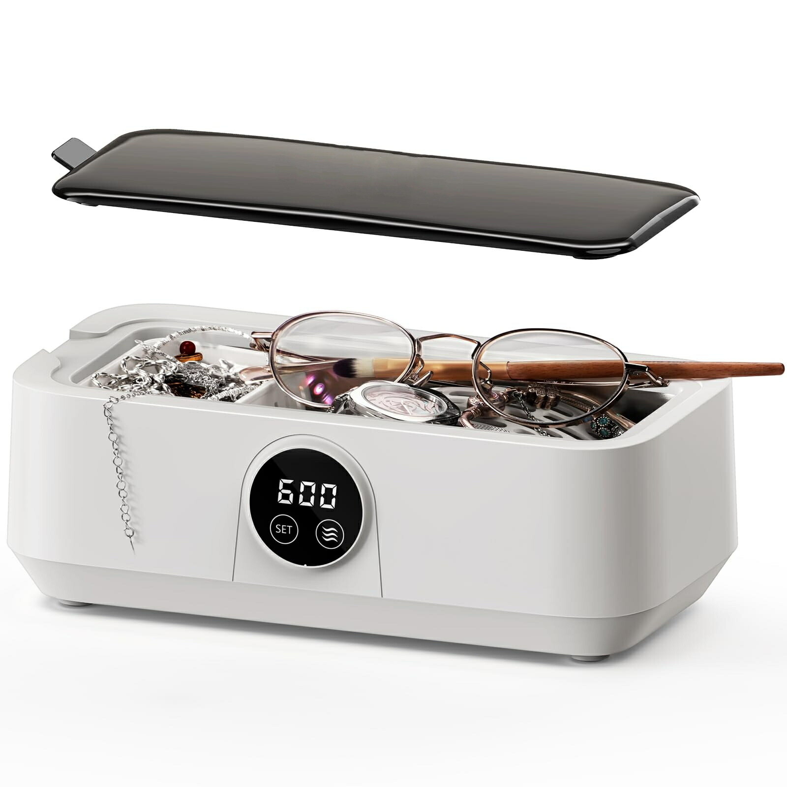 超音波洗浄器 小型家庭用 600秒ノンストップ洗浄 46000 Hz 貴金属を傷めない メガネ入れ歯かみそり洗浄 時計ホルダー洗浄、洗浄バスケット 【メーカー保証1年】(ホワイト)