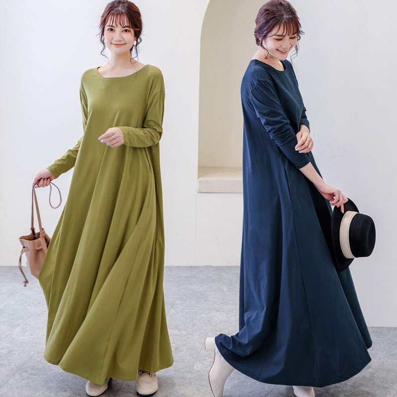 ワンピース レディース 春 秋 冬 ロングワンピース 長袖 ボトムアップ 無地 婦人服 きれいめ マタニティードレス 体型カバー マキシ 50代 30代｜エムーエムショップ