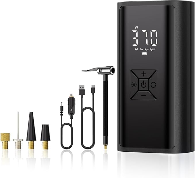 電動空気入れ パネル表示 スマート 空気入れ エアーポンプ コードレス モバイルコンプレッサー 電動エアーポンプ クロスバイク ボール 浮き輪 バイク対応 英式 米式バルブ対応 エアコンプレッサー 自動停止 コンパクトライト付き モード LEDライト搭載