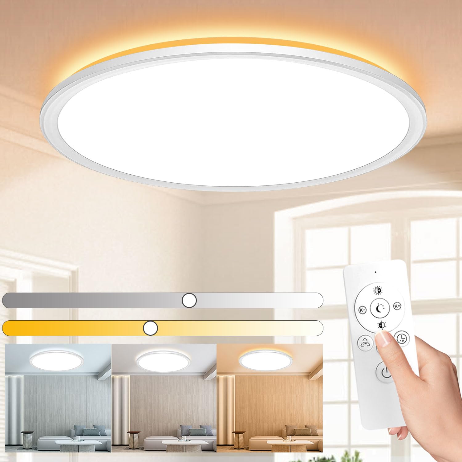 LEDシーリングライト 6畳 24W 調光調色 常夜灯 リモコン付き 極薄型 工事不要 3000-6500K 雰囲気ナイトライト メモリ機能 照明器具 天井照明 LED照明ライト 省エネ 室内照明 屋内照明 リビング/寝室/書斎/オフィスに適用