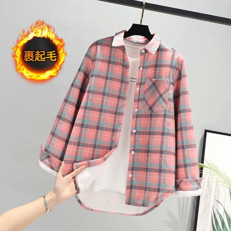 シャツ レディース ア 折り襟 チェック柄 胸ポケット付き 防寒 暖かい アウトドア 冬服 カジュアル 体型カバー 可愛い 快適