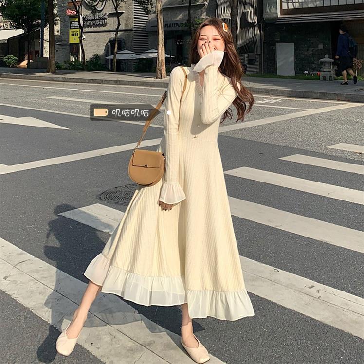 ドレスチャイナドレス 長袖大きいサイズの婦人服の太ったmmは腹を隠してやせている気機のワンピースの女性2023秋冬の新型フランス式ニットのレギンスを見せますドレス 韓国結婚式