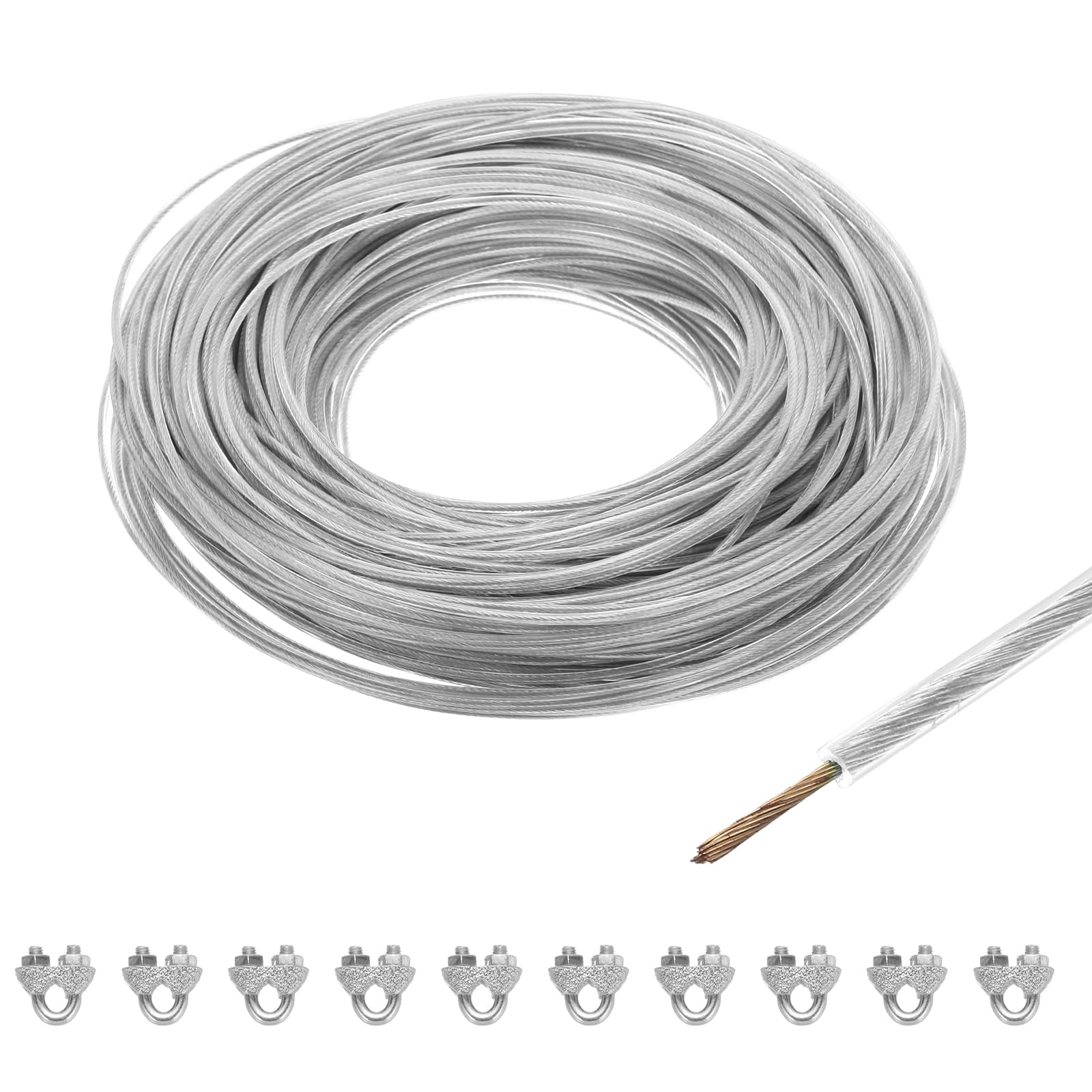T2.5mm（3/32"）クリアビニールコーテッドワイヤーロープ 100m / 328ft ガルバニーズ鋼ワイヤーロープ M3ループスリーブ10個付き ストリング ライト吊り デッキ手すり ガーデンワイヤーに使用可能｜エムーエムショップ