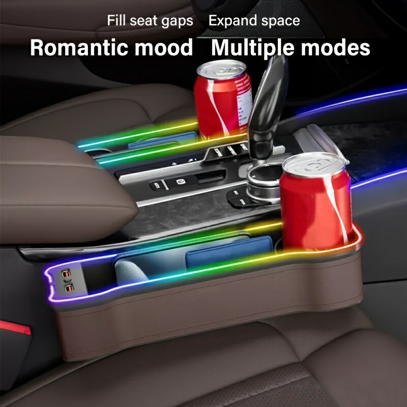 シートスロット収納ボックス 音楽音声起動雰囲気ライト 車用ウォーターカップホルダー ネオン収納ボックスが動き、スペースを拡張 オーガナイザーボックス センターコンソールスロット収納バッグ 車内アクセサリー