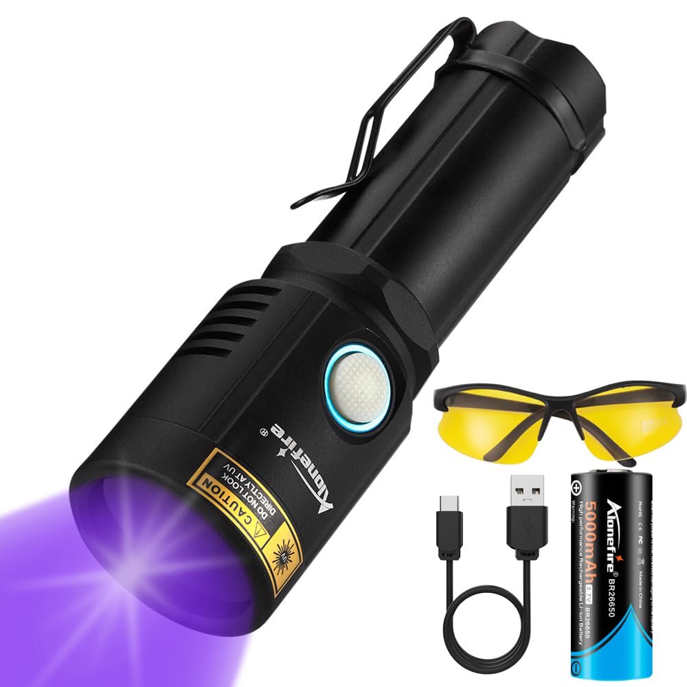 紫外線 ブラックライト 強力 UV LED ライト 波長365nm USB充電式 アニサキスライト ウッド灯検査 ペット尿検出器 鑑定 真贋 レジン用 硬化、釣り、鉱物用 UV保護メガネ リチウム電池 付き