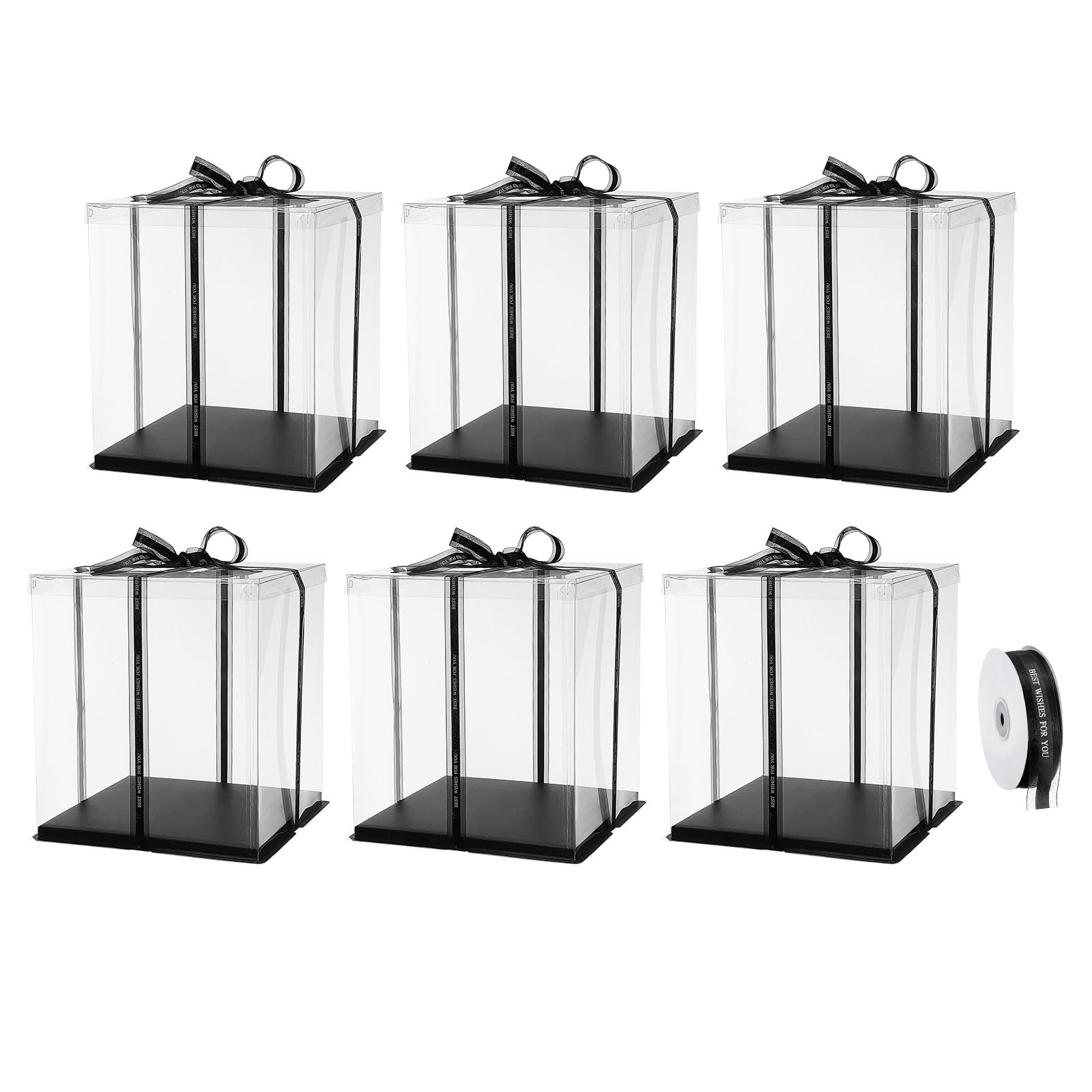 T クリアケーキボックス 6個入り12\"x12\"x14\" - 10\"ケーキ 梱包用リボン付き 高さ あるケーキボックス - 誕生日パーティーや結婚式用（黒）