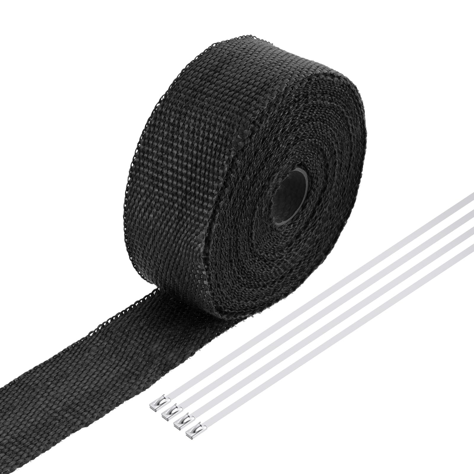 T ファイバーグラス排気ラップテープ 2" x 33' 黒色ヘッダーヒートラップ ホットロッドやオートバイ用の4本のステンレスタイ付き｜エムーエムショップ