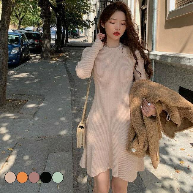 春 ワンピース 長袖 ワンピース 秋冬 きれいめ レディース ニットワンピース ニット ワンピース ストライプ クルーネック 無地 シンプル カジュアル