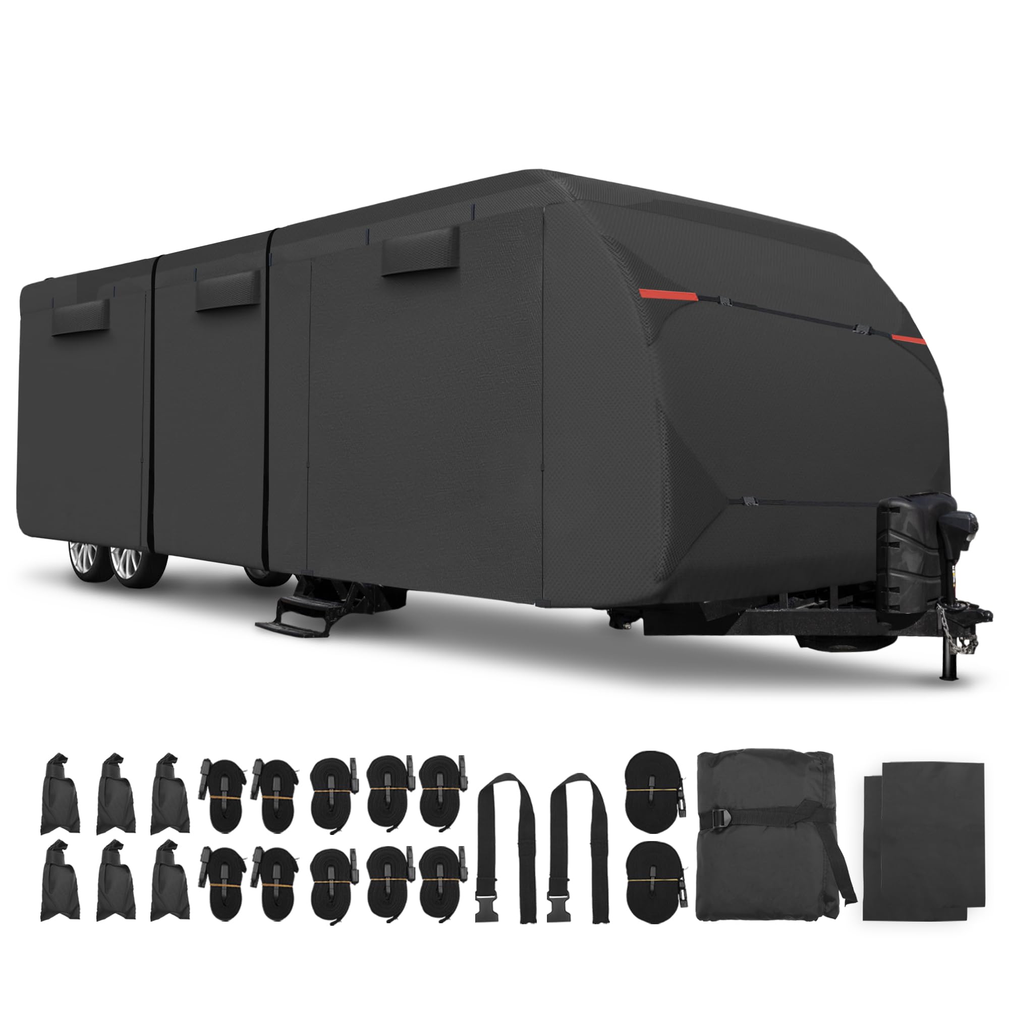 T 防水RVカバー RVトラベルトレーラーカバー 27'-30'に適合 風防UVキャンパーカバー オールシーズン保護 エクストラ風防ロープとガターカバー付き ブラ ック｜エムーエムショップ