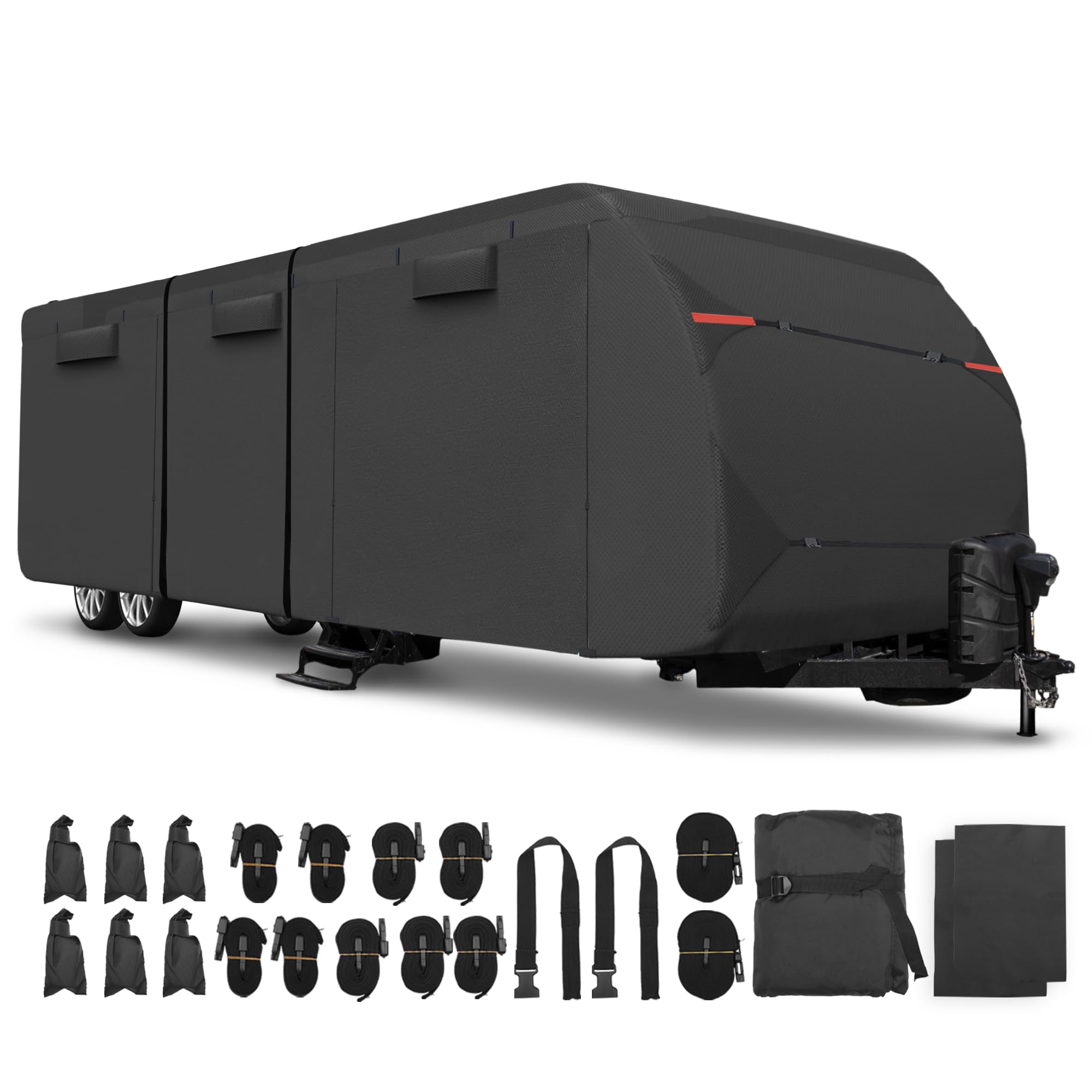 T 防水RVカバー RVトラベルトレーラーカバー 22\'-24\'に適合 風防UVキャンパーカバー オールシーズン保護 エクストラ風防ロープとガターカバー付き ブラ ック