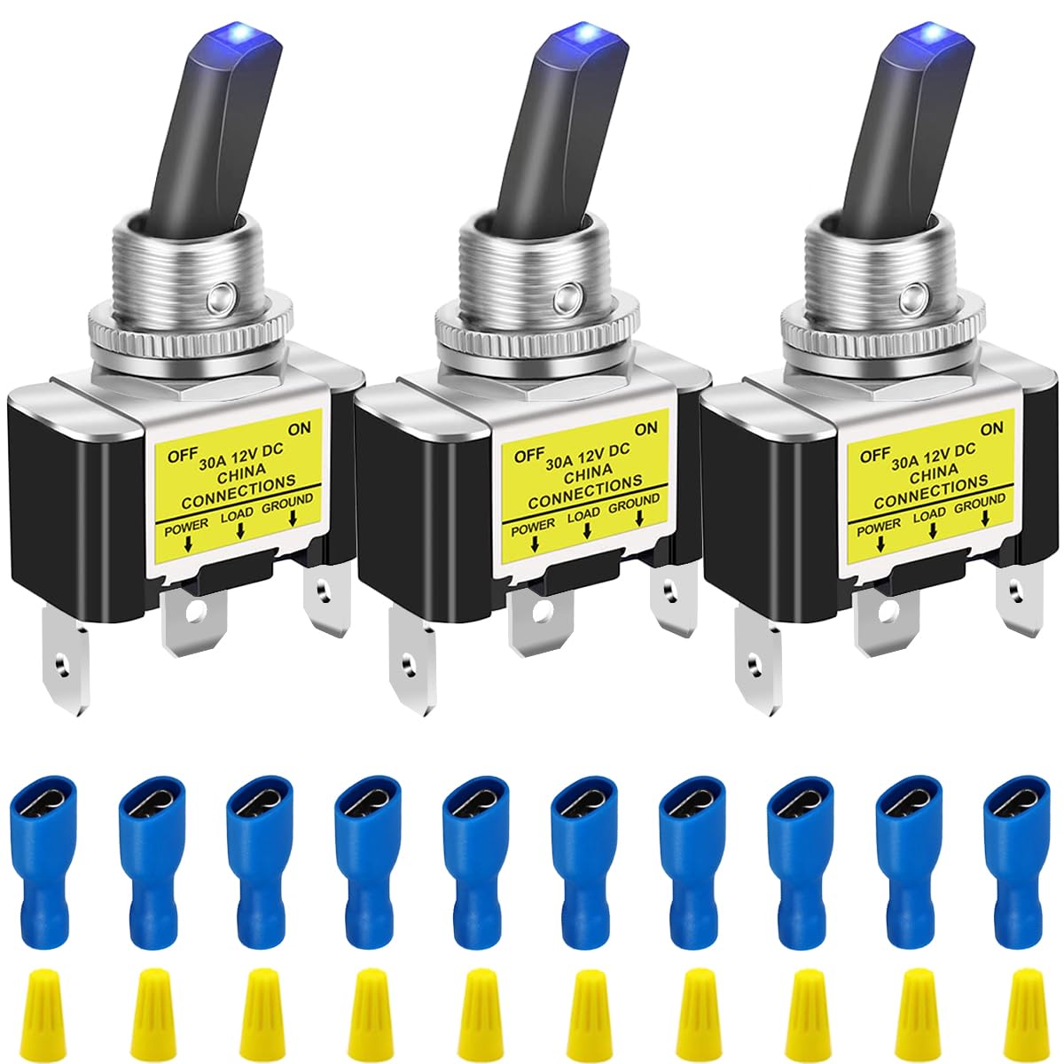 3 個ヘビーデューティー トグル ロッカー スイッチ DC 12V 30A 青 LED ライト付き メタル SPST ON OFF 2 ポジション 3 ピン 12mm/0.5 インチ 取り付け穴 コネクタ付き 対応 自動車 車 RV トラック UTV ボート用
