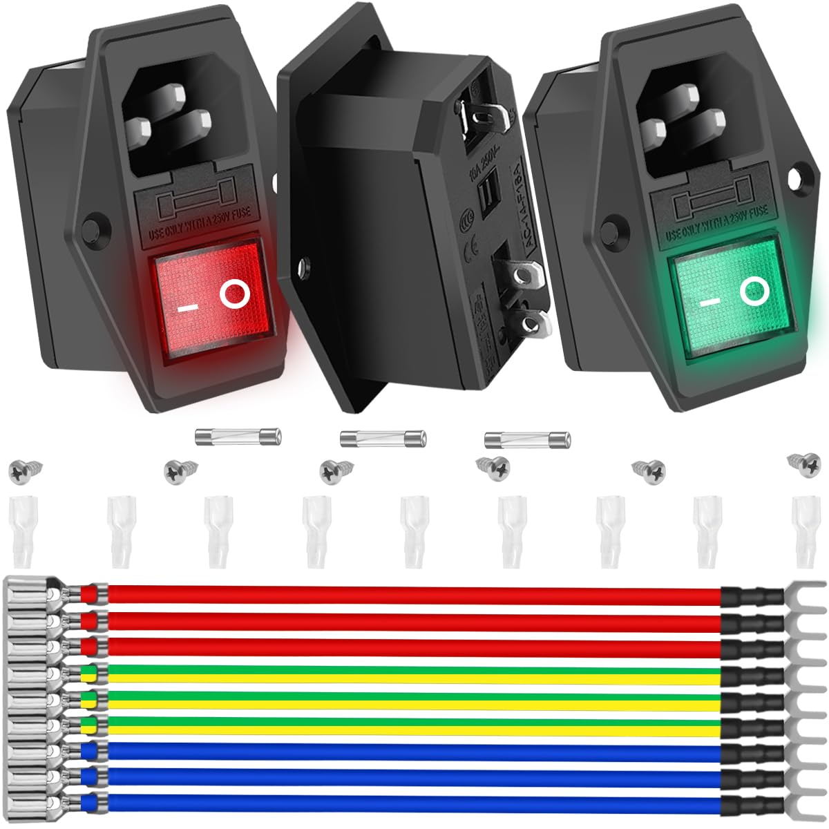 3PCS インレット モジュール プラグ オス パワー ソケット アーケード パワー スイッチ 10A 250V AC ロッカー スイッチ アダプタ パワー コネクタ 3 ピン AC-14-F16A LED ライト 18AWG ワイヤリング 10A ヒューズ 4.8mm シース ネジ付き