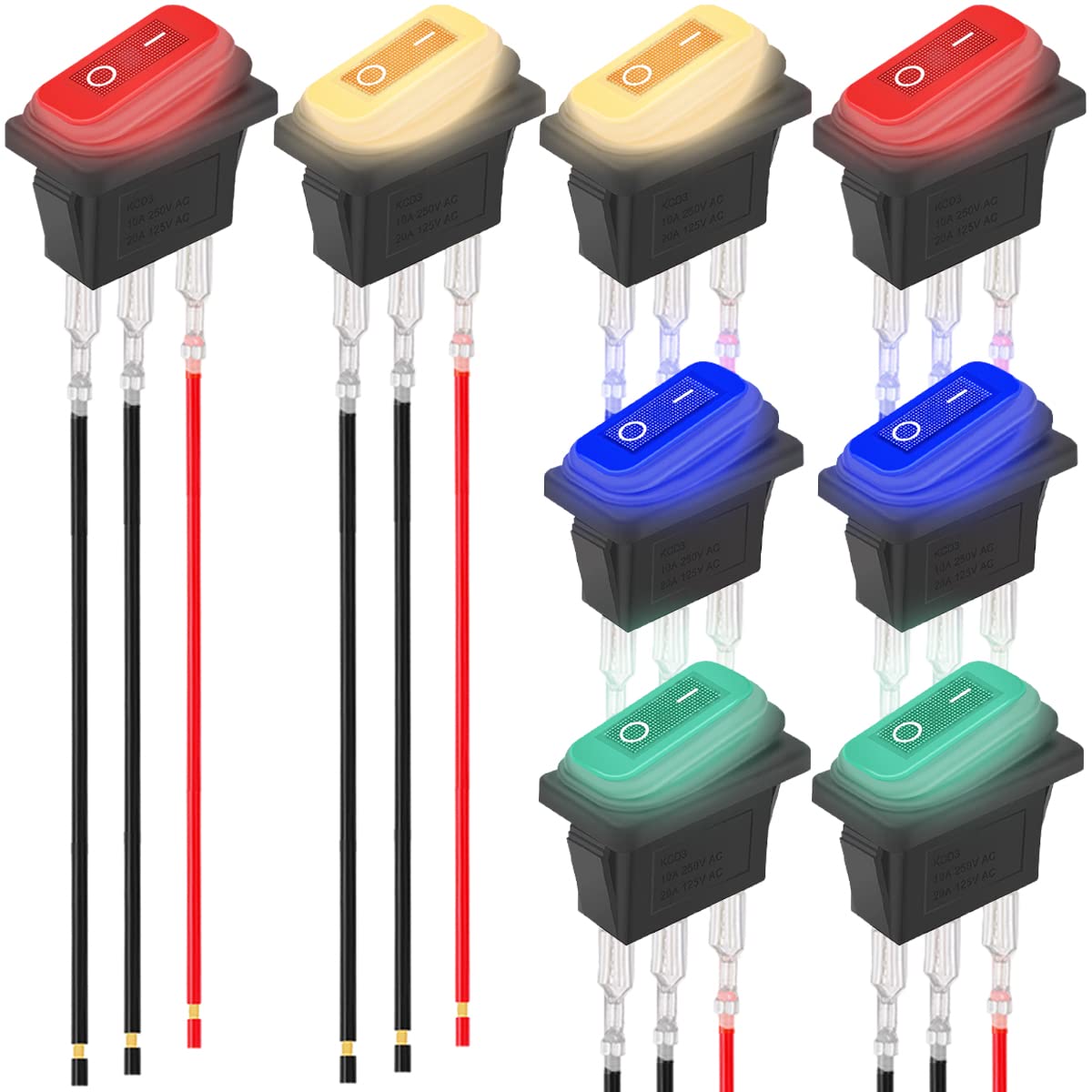 8個 ロッカースイッチ 防水 DC 12V 20A、DC 24V 10A、SPST 3ピン オンオフ 赤/青/緑/黄 LED点灯 スナップインデザイン 正方形スイッチ 自動車 ボート RV用 ロック端子ワイヤー付き 4色