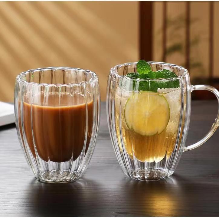 ホームシンプルなストライプミルクカップ透明ガラスコーヒーカップハンドル付き高ホウケイ酸ドリンクカップ