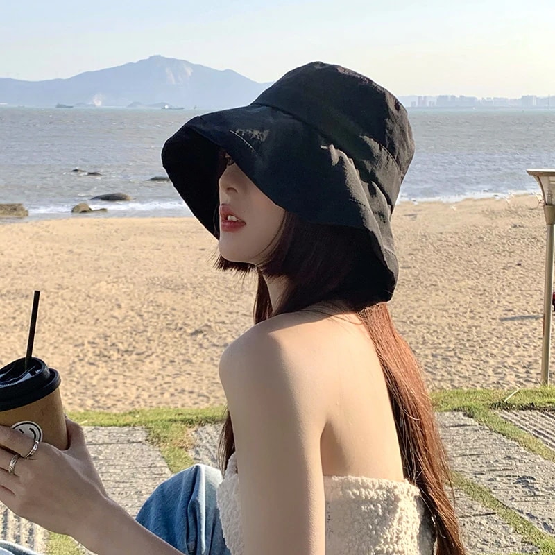 韓国ファッション 帽子 キャップ特集 黒い庇の漁師帽夏系おしゃれな日よけ帽子夏の薄い通気丸顔痩せ見え日よけ帽子
