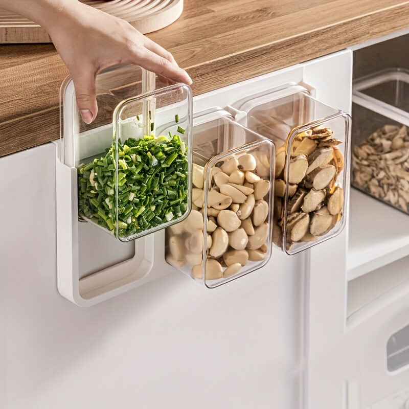 吊り下げ式収納ボックス3個、透明プラスチック製穀物収納箱、キッチン整理用の壁掛け式省スペースオーガナイザー｜エムーエムショップ