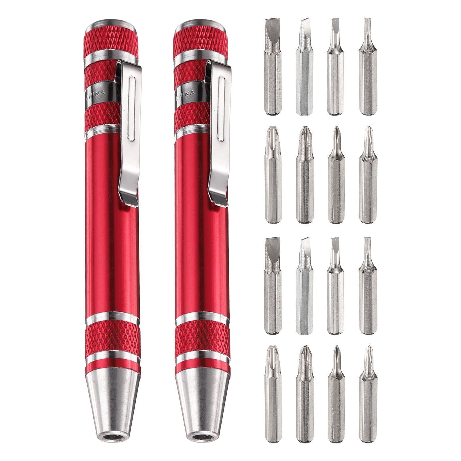 T 8合1ミニポケットペンドライバーセット CR-V 多機能 小型磁気ドライバー プラスビットとマイナスビット付き パソコン用 メガネ用 レッド 2個|エムーエムショップ