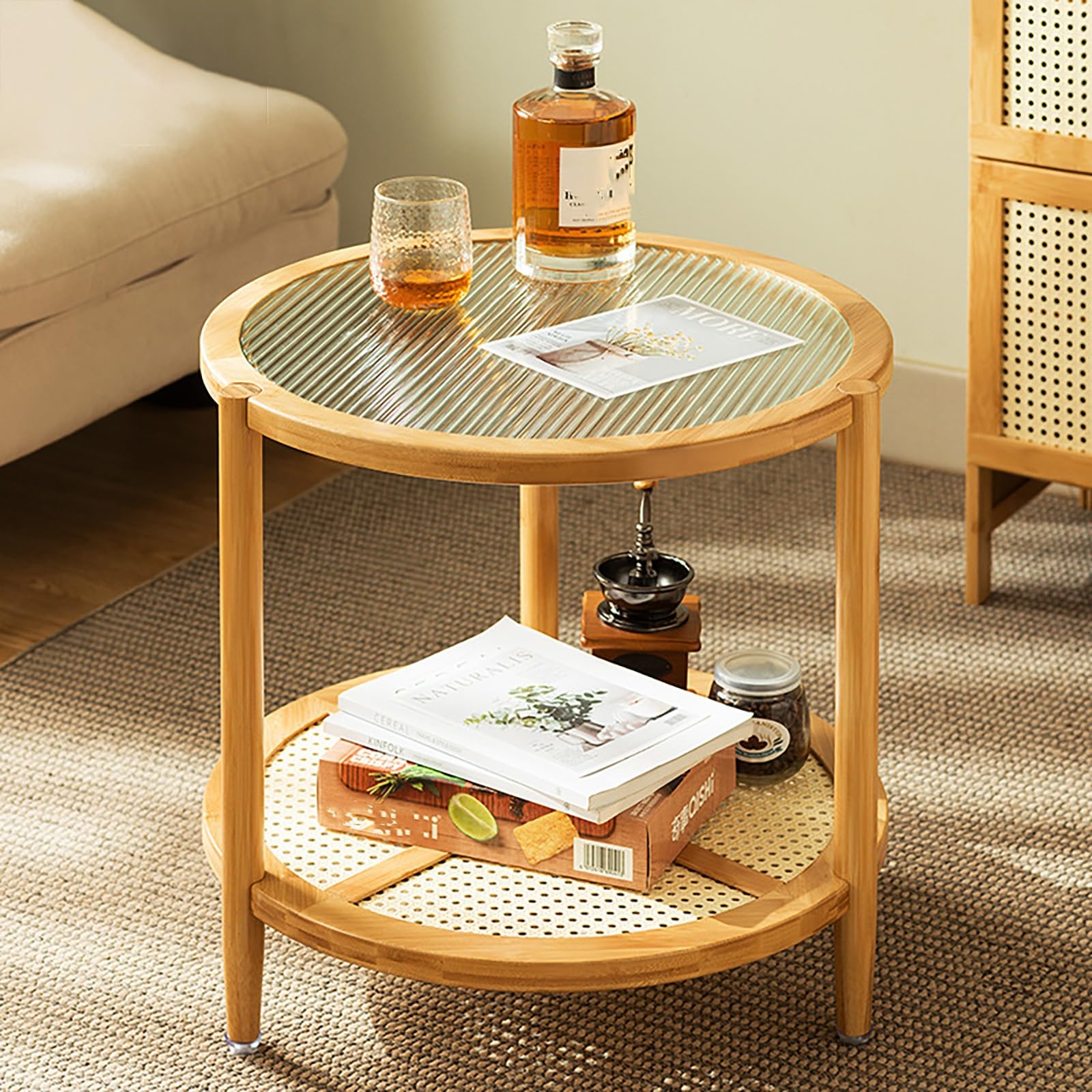 丸いコーヒーテーブル リビングルームのローテーブル ガラス センターテーブル 丸いレジャーテーブル 木製 ダイニングテーブル 低いテーブル 座卓 丸型コーヒーテーブル サイドテーブル 二重層の収納スペース、モダンな小さなアパート、家庭用ティーテーブル 54*54*50cm