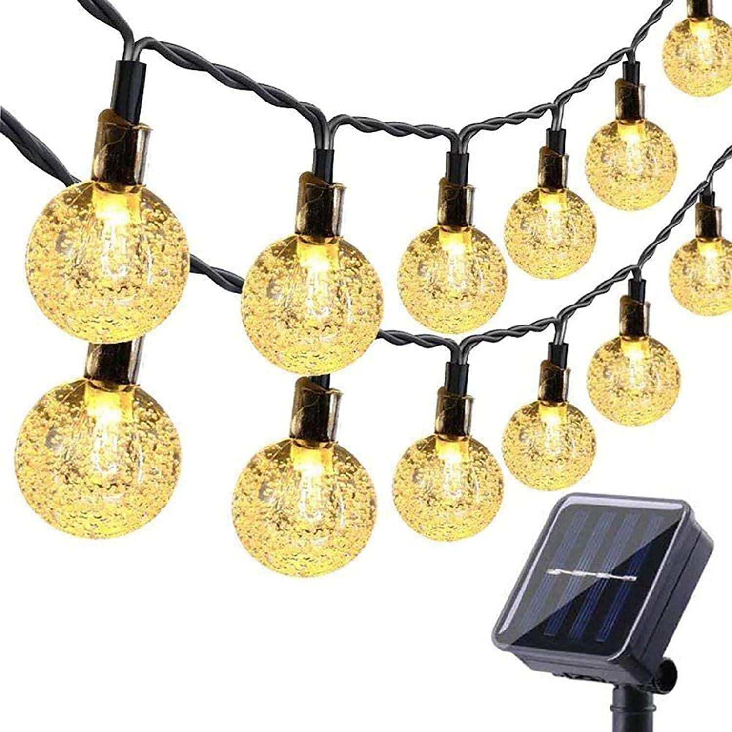 屋外ソーラー LED ストリングライト イルミネーションライト 60バブル 11M IP65防水 8モード 夜間自動点灯 キャンプ用 ガーランドライト クリスマス ハロウィン パーティー バレンタインデー 祝日 結婚式 学園祭 ソーラーパネル 飾りライト (ウォームホワイト)