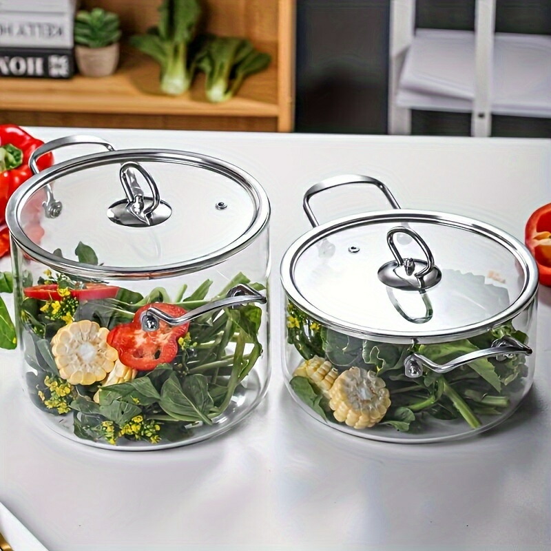 蓋付きガラス製ソースパンセット - 電磁調理器対応の透明調理器具、高ホウケイ酸耐熱性、煮込みや煮込み用のダブルハンドルスープポット - 大容量、模様なし。|エムーエムショップ
