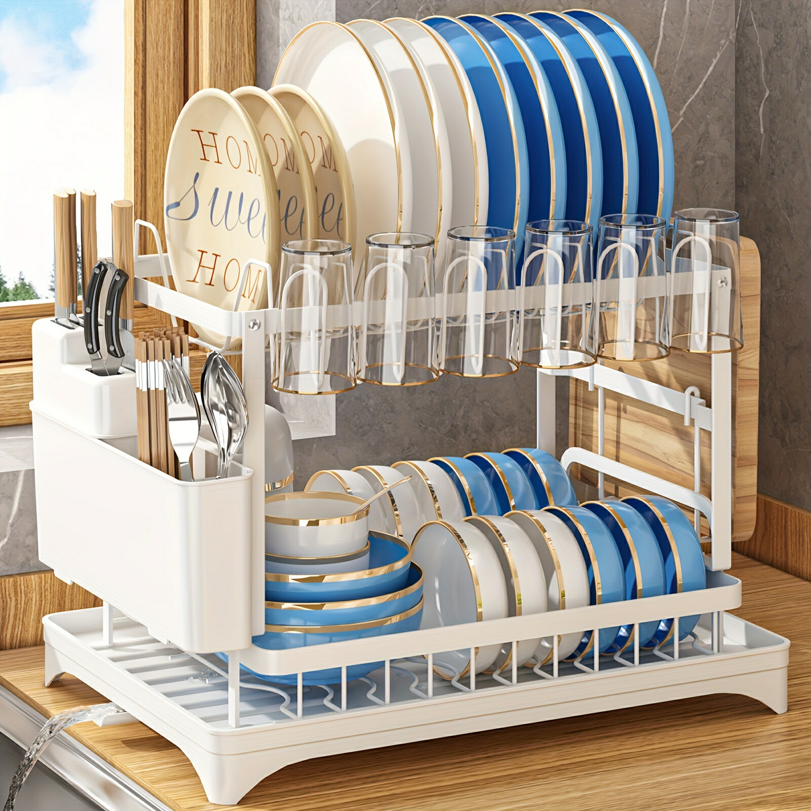 カップホルダー&調理器具オーガナイザー付き大容量食器ラック - キッチンカウンター用スペース節約、取り外し可能デザイン|エムーエムショップ