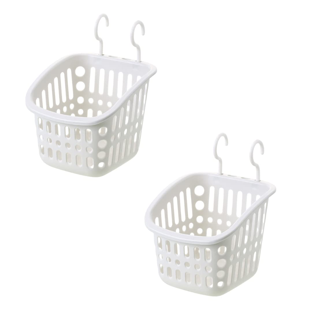 フック付き かご バスケット 収納 吊り下げ ラック プラスチック 脱衣所 洗面所 キッチン バス用品 多用途 (長方形 大 2個, ホワイト)