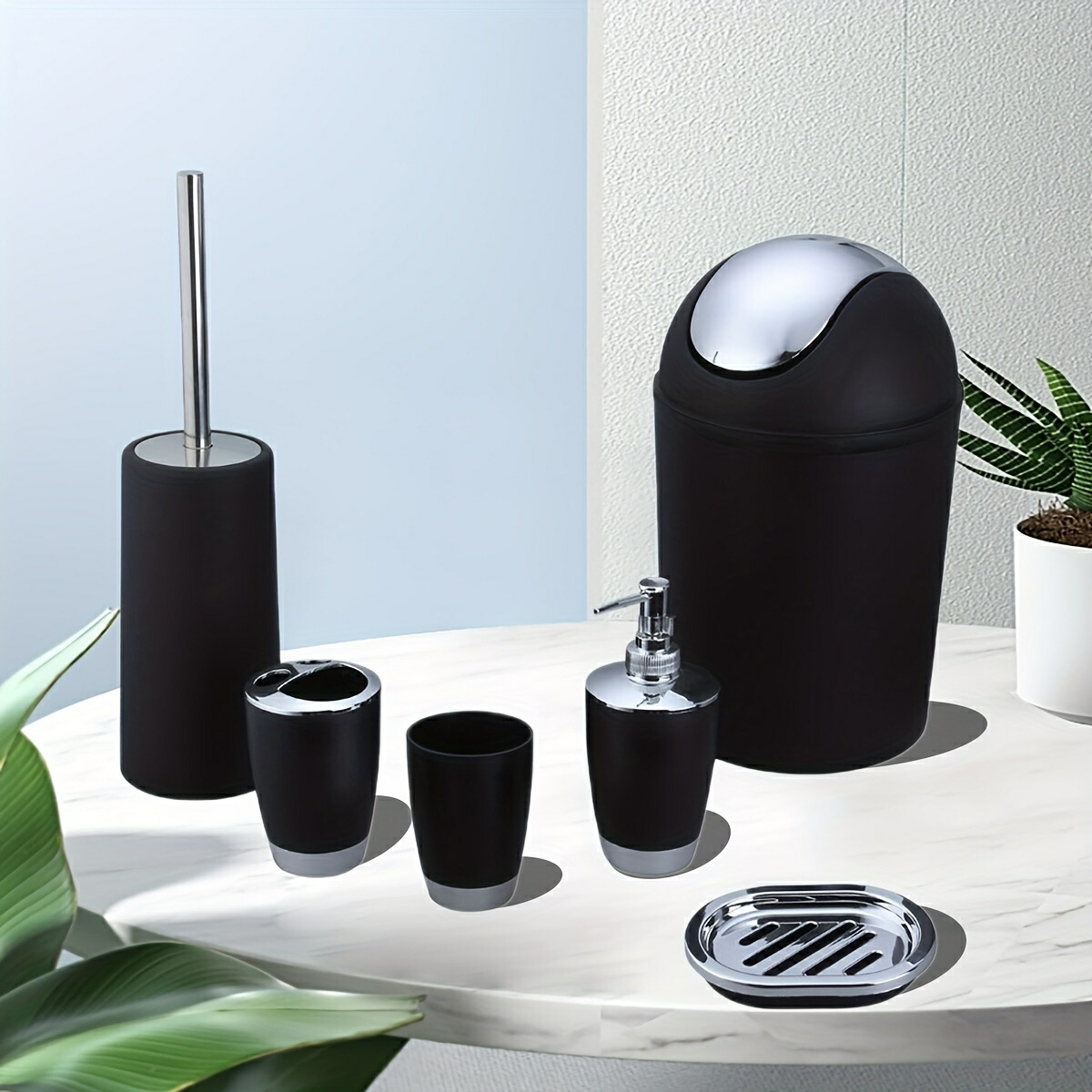 バスルーム用品6点セット、歯ブラシホルダー、うがい用カップ、石鹸ディスペンサーボトル、石鹸皿、プラスチック製ゴミ箱、トイレブラシとホルダー、ホテルバスルーム用品｜エムーエムショップ