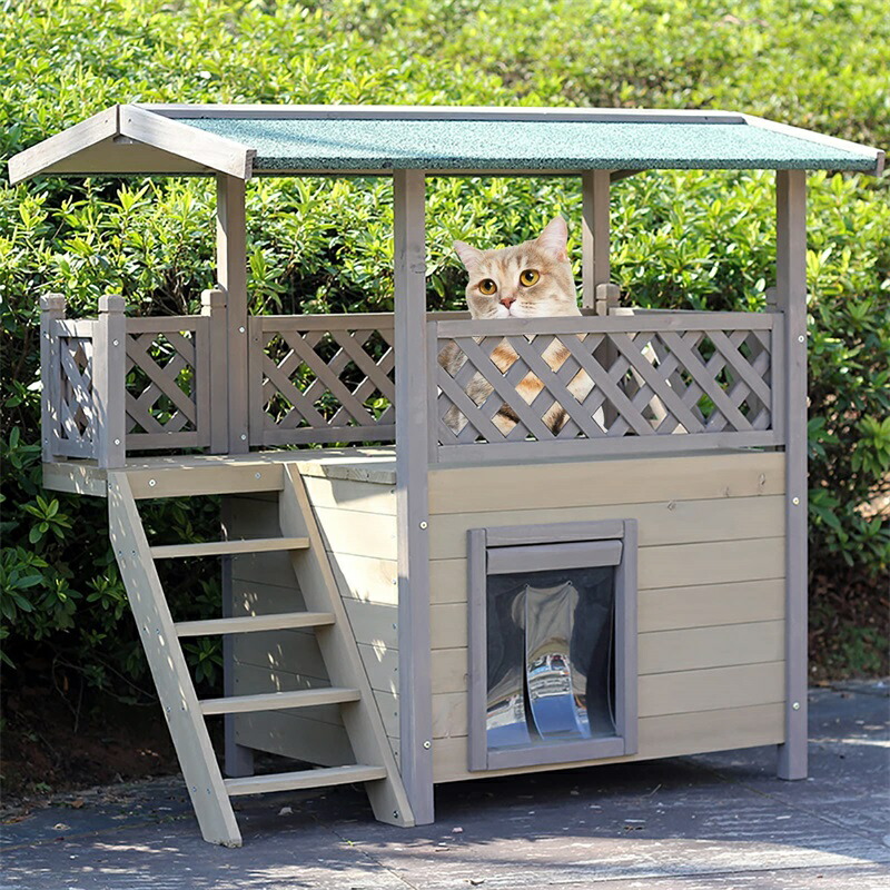 猫 住みか 室外用 雨合羽 防寒 キャットハウス 2階建て、部屋の入り口窓かけ付き添い人 猫の家 木製で耐候性に優れている 室外用野ら猫保護施設