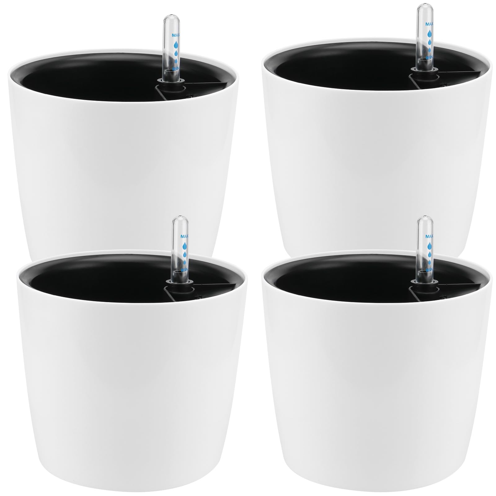 4個パック 7インチ セルフウォータープランター 屋内植物用 ホワイト 装飾的 ラウンドプラスチック セルフウォーターポット レベルインジケーター付き 土壌植栽 花 ハーブ アフリカンバイオレット 多肉植物｜エムーエムショップ