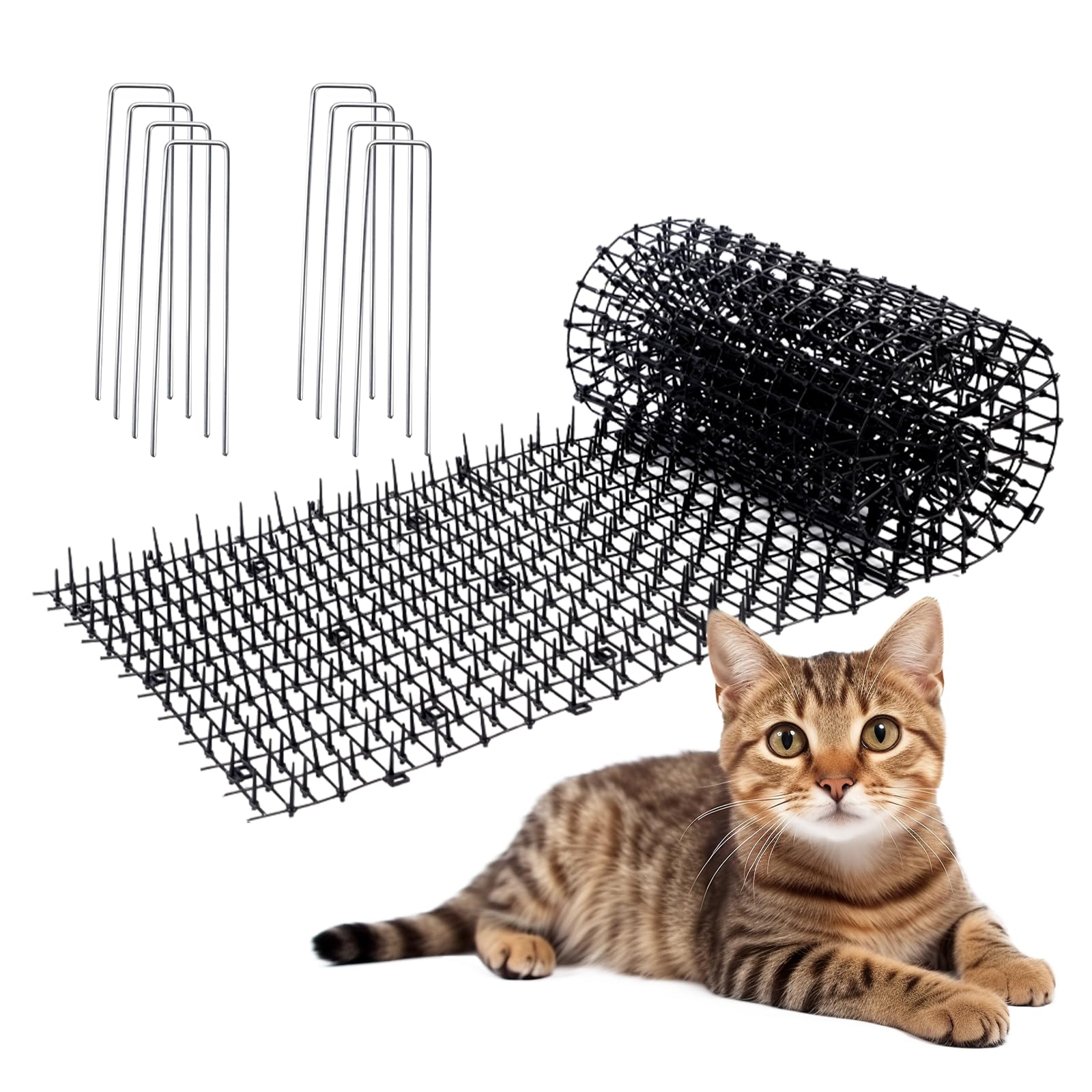 猫/犬用のスキャットマット 屋外および屋内用 118.5インチ x 11.8インチ ガーデンステープル8個付き