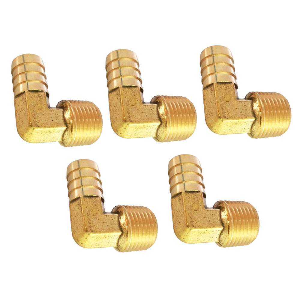 真鍮ホース継手、インサート 90度エルボ、ホースID 有刺 x NPTFオスパイプ 1/4" Barb x 1/4" NPT Male 129*4B-5｜エムーエムショップ
