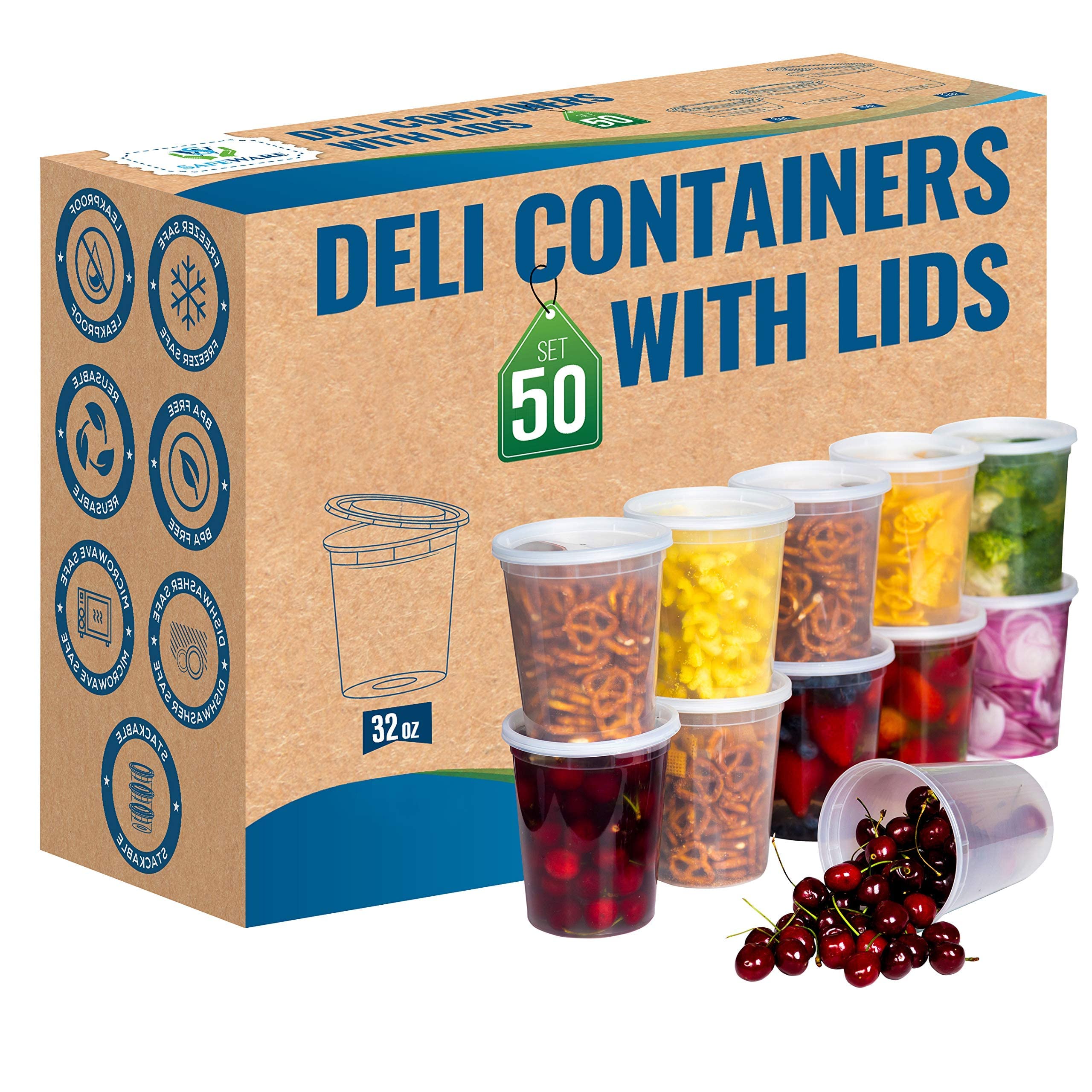 (セーフウェア) [50個セット] Deli プラスチック食品保存容器 密閉蓋付き スライム スープ用 分量コントロール 食事の準備に最適 電子レンジ 食洗機 冷凍庫対応 漏れ防止 積み重ね可能 (32オンス)