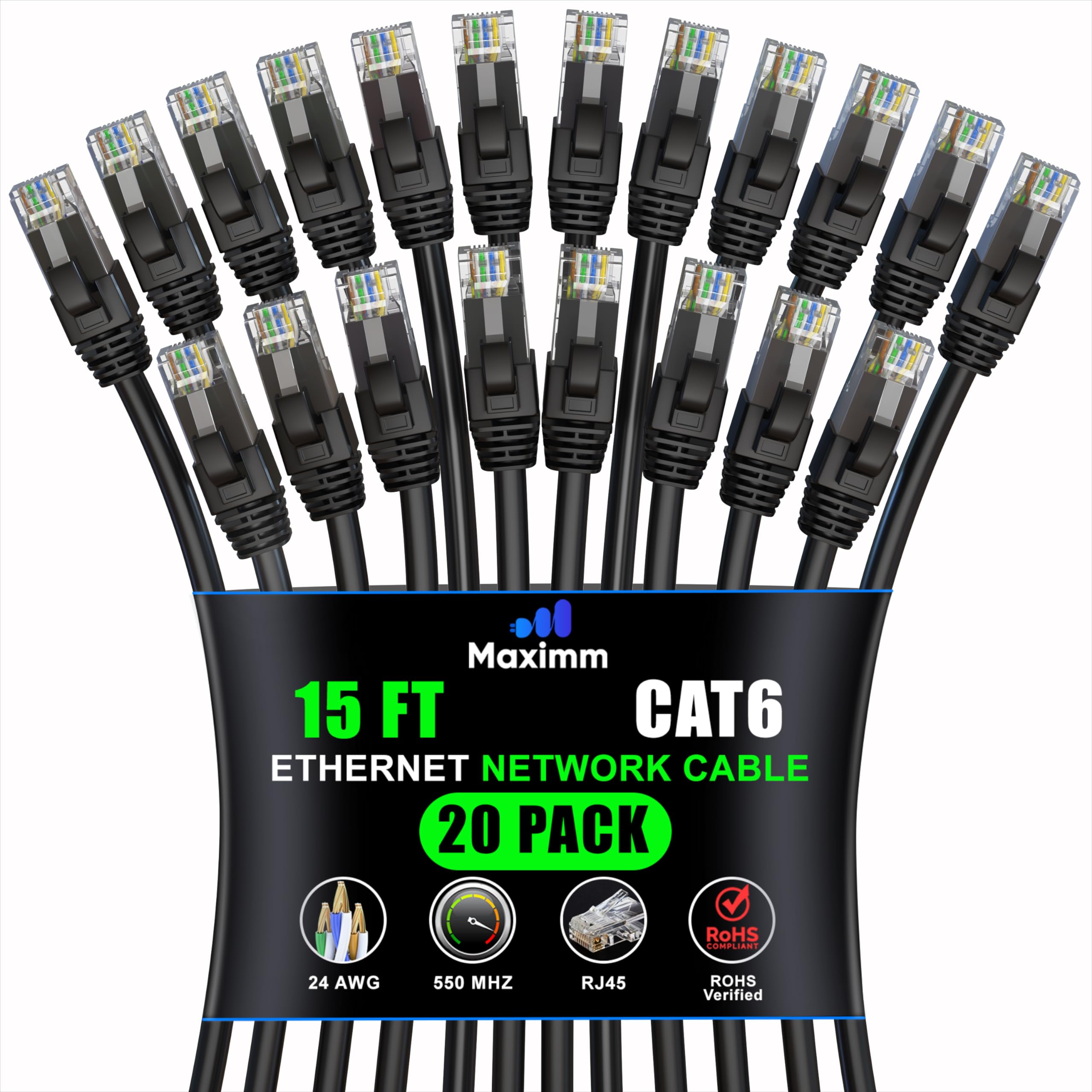Cat 6 イーサネットケーブル 15フィート (20本パック) - 高速LANケーブル、インターネットケーブル、パッチケーブル、ネットワークケーブル - UTP、10Gbps、550MHzイーサネットコード - ブラック