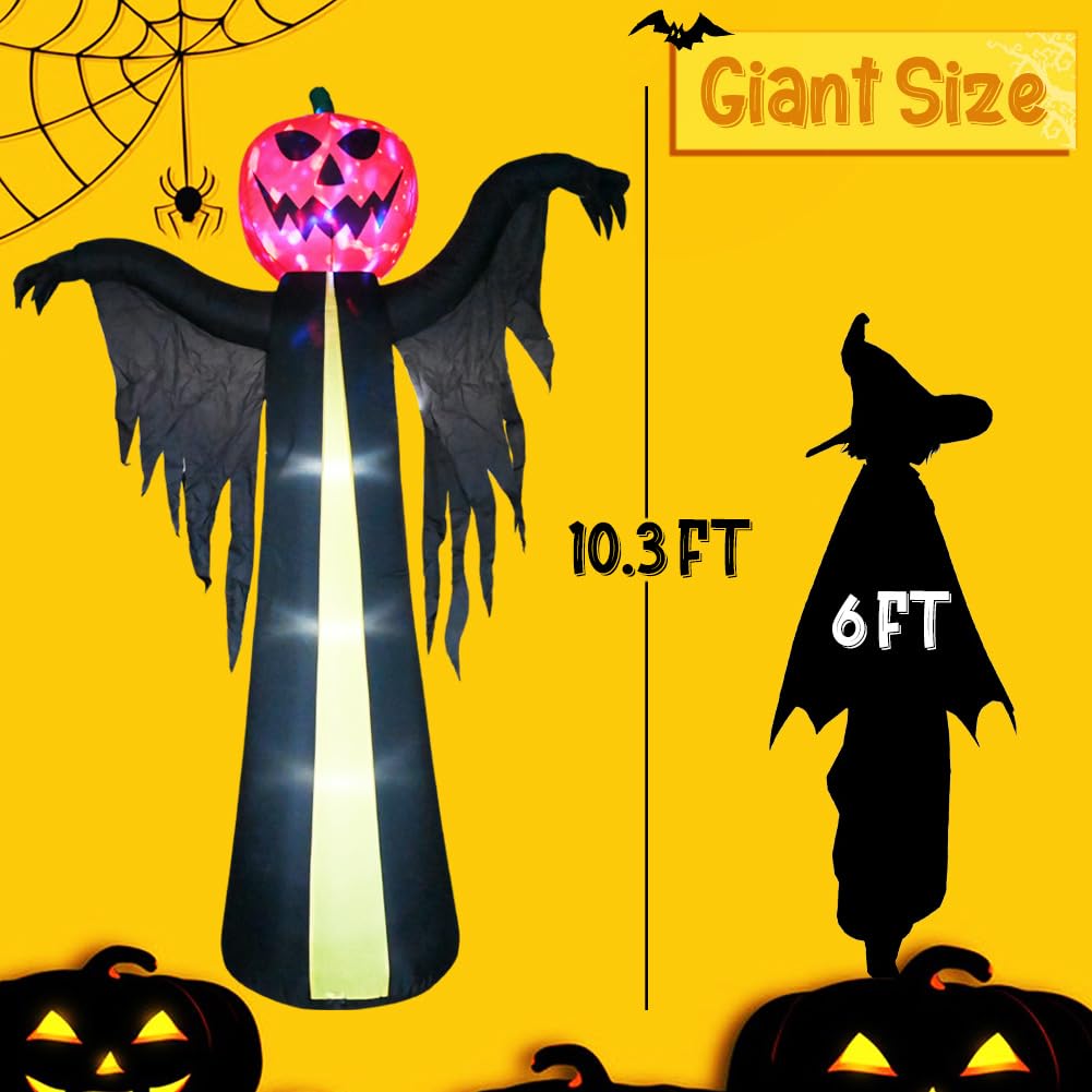 10.3フィート ハロウィン 空気注入式 パンプキンゴースト ジャイアントゴースト ハロウィン 爆破 庭装飾 LEDライト内蔵 サウンド付き ハロウィン アウトドア装飾 芝生の膨らむ パンプキン ゴーストヤード小道具｜エムーエムショップ