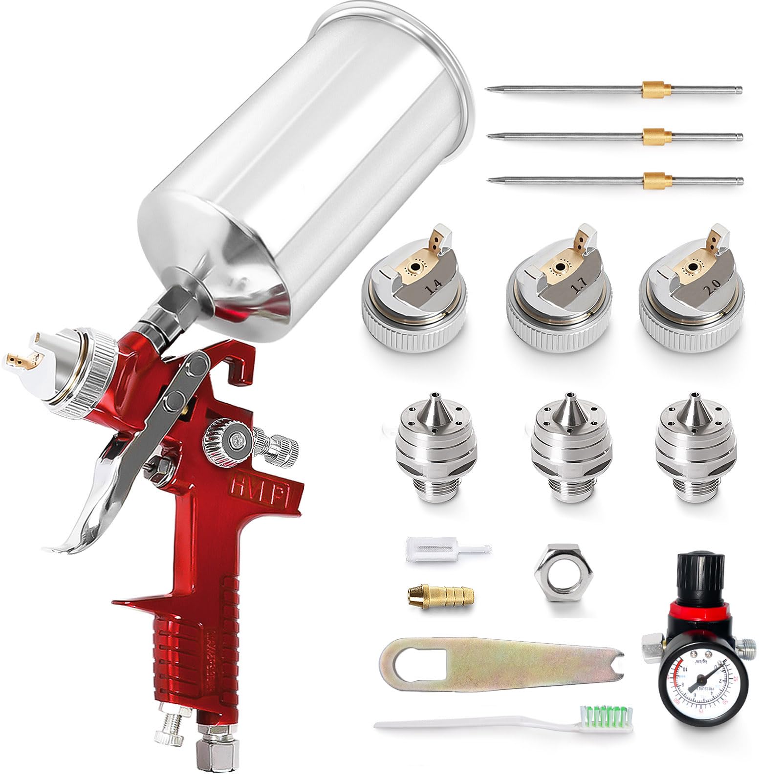 スプレーガンキット 1.4mm/1.7mm/2.0mmノズル付き 高性能ペイントガン 大容量 1000cc アルミニウムカップ 圧力計付き 自動車塗装、ベースコート、クリアコート、プライマーレッド|エムーエムショップ