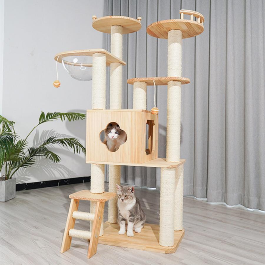 キャットタワー ねこぞく ツイン高閣 木製 据え付け （ キャットツリー 猫高閣 生まれながら木 爪とぎ キャットハウス 今めかしい 室内装飾 ）