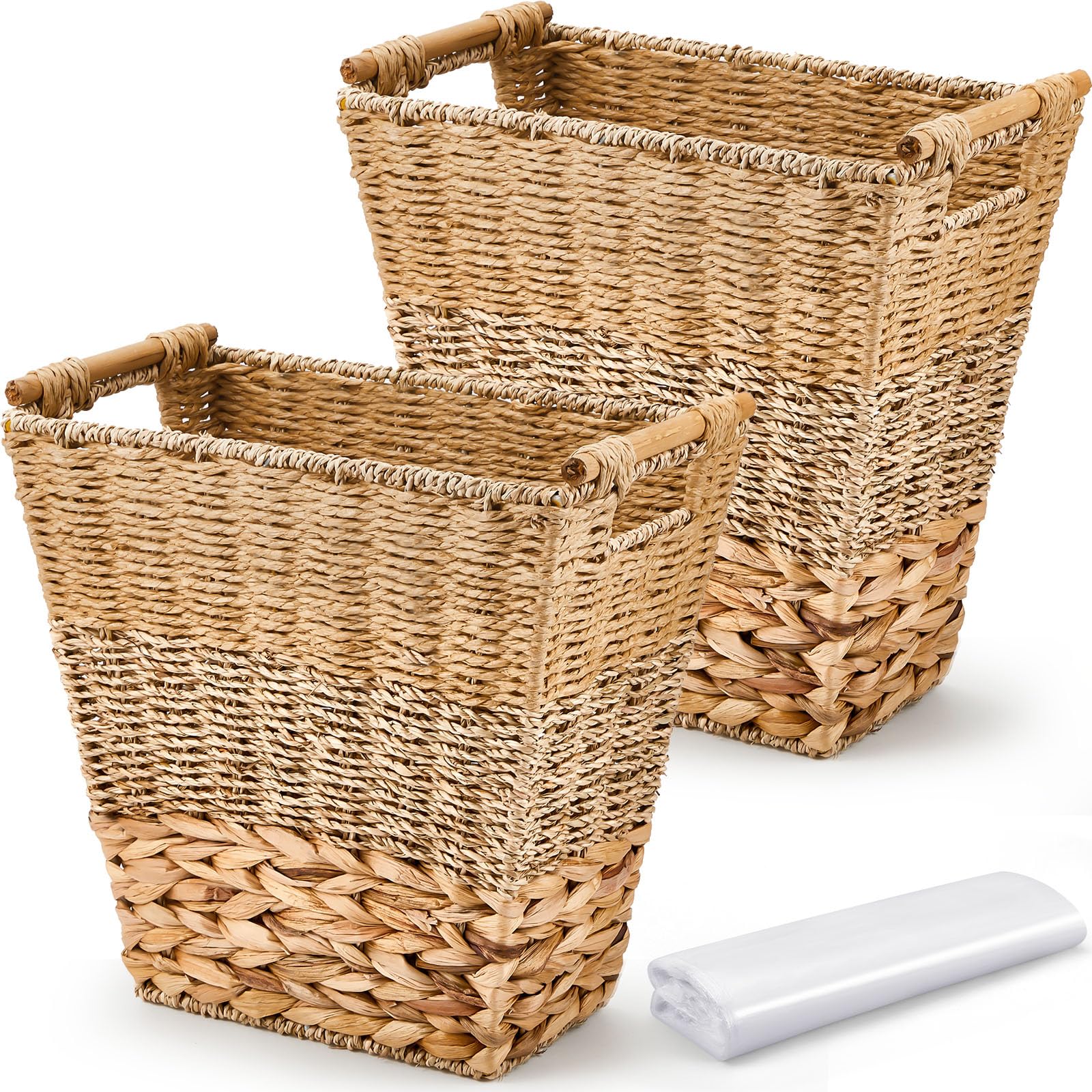 2個 籐製ゴミ箱 バスルーム用 籐製ゴミカゴ プラスチックゴミ袋50枚付き Boho Wicker ゴミ箱 バスルーム キッチン 寝室用 籐製ゴミ箱 (マルチカラー)