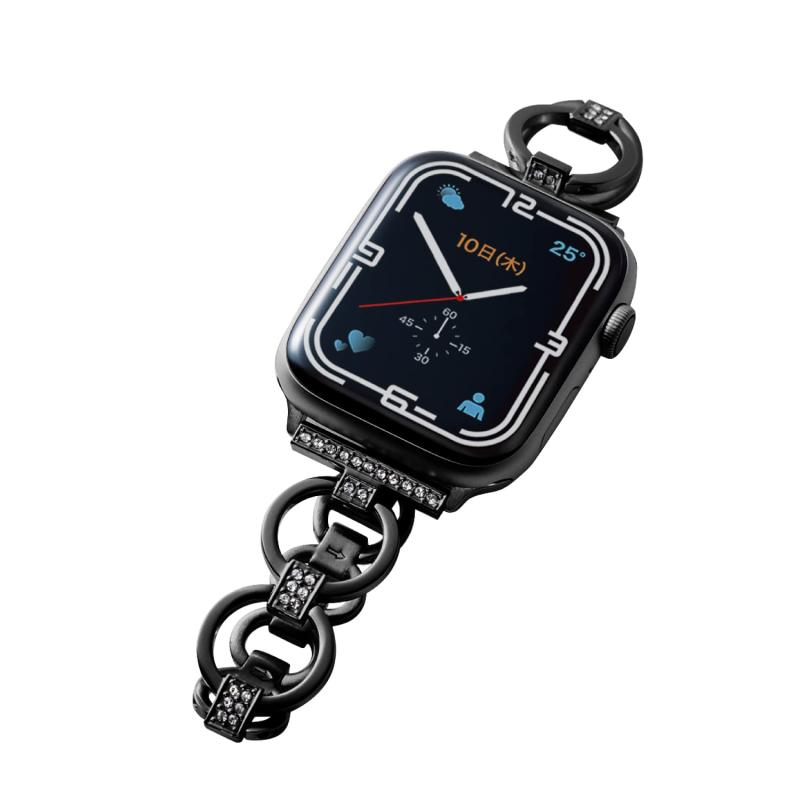 エレコム Apple Watch Series 7 [45mm]、SE、6、5、4 [44mm]、3、2、1 [42mm] バンド ステンレス チェーンタイプ ラインストーン ブラック AW-45BDSSJBK ゴールド画像