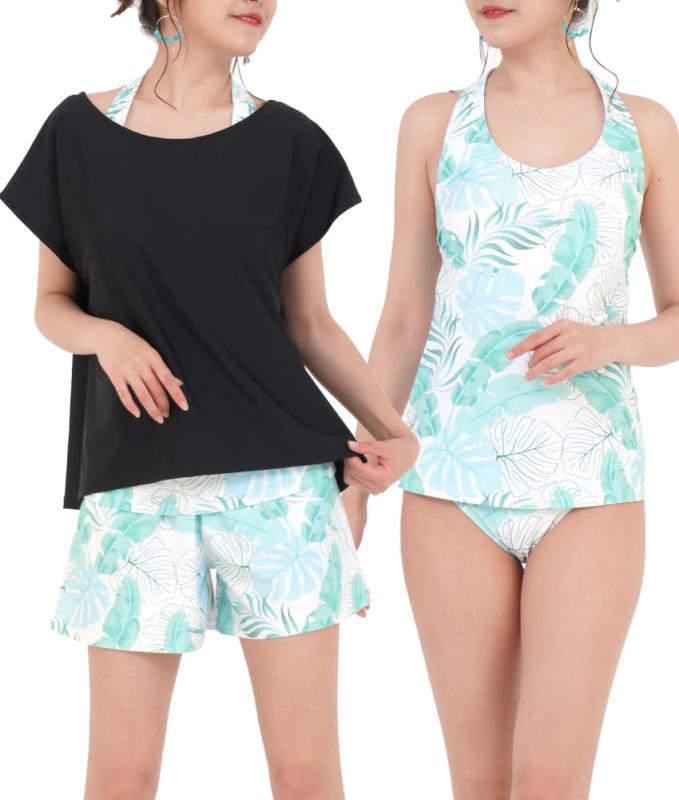SWEET PASSION 水着 レディース 体型カバー ４点 セット タンキニ Tシャツ ハーフパンツ ショーツ（A2400）