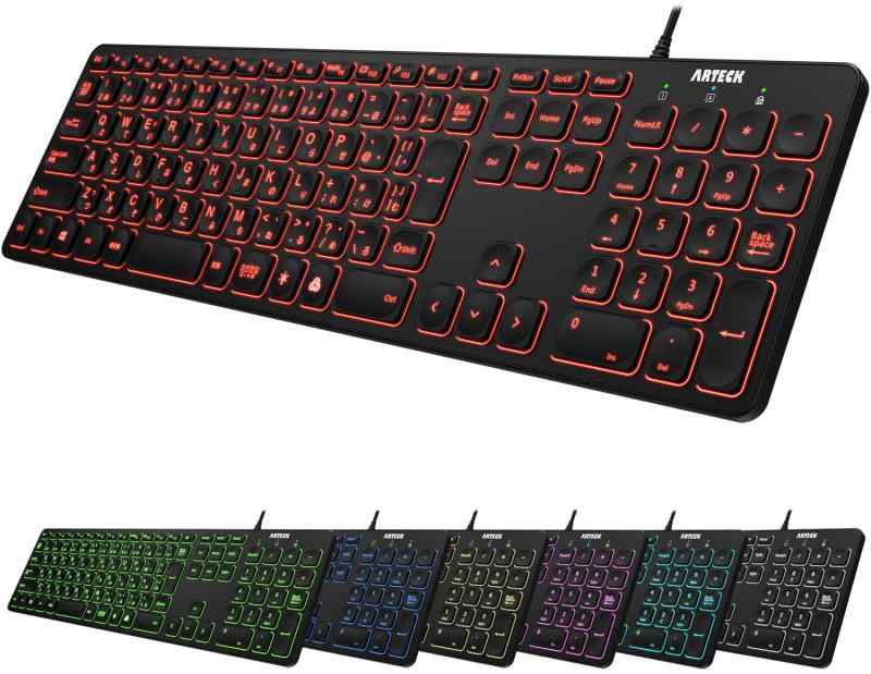 Arteck USB 有線 ワイヤー キーボード 7色バックライト搭載 明るさ変更 フルサイズ 6フィート（約1.8メートル）コード テンキー付き コンピューター、デスクトップ、PC、ラップトップ、Windows11/