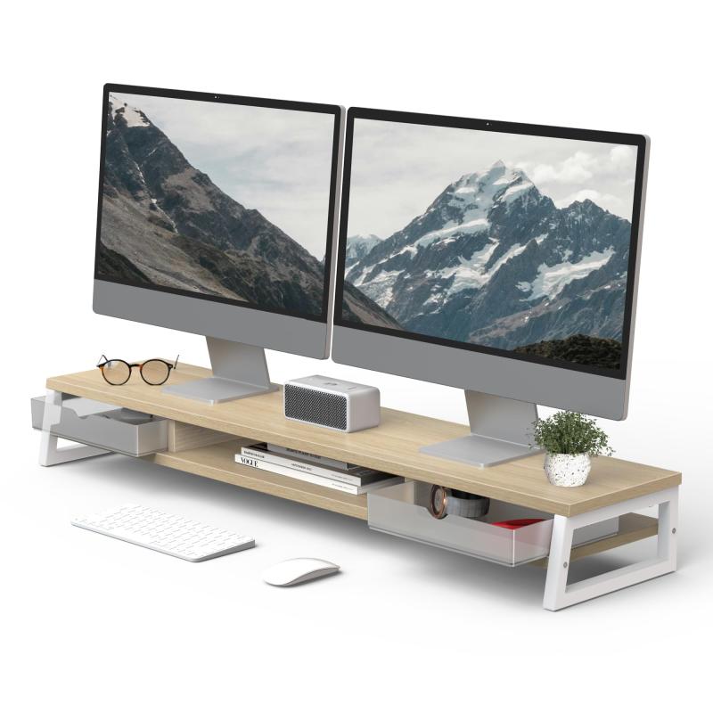 Fenge モニター台 卓上 デスクシェルフ モニタースタンド パソコン台 引き出し付き2段 木製 幅108cm pc台 机上台 デュアルモニター 台 机上ラック 卓上台 デスク周り収納 ディスプレイ｜emuland