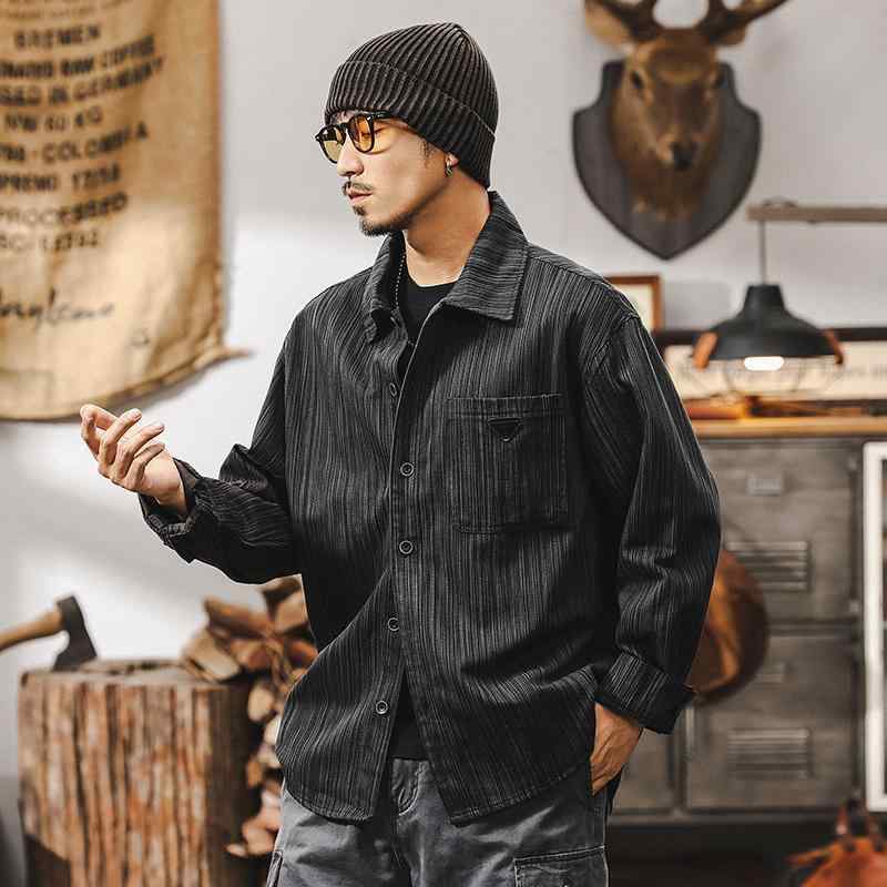 シャツ メンズ 長袖 ヴィンテージ風 竹節紋 美式 レトロ オーバーサイズ カジュアル トップス 春秋｜emuland