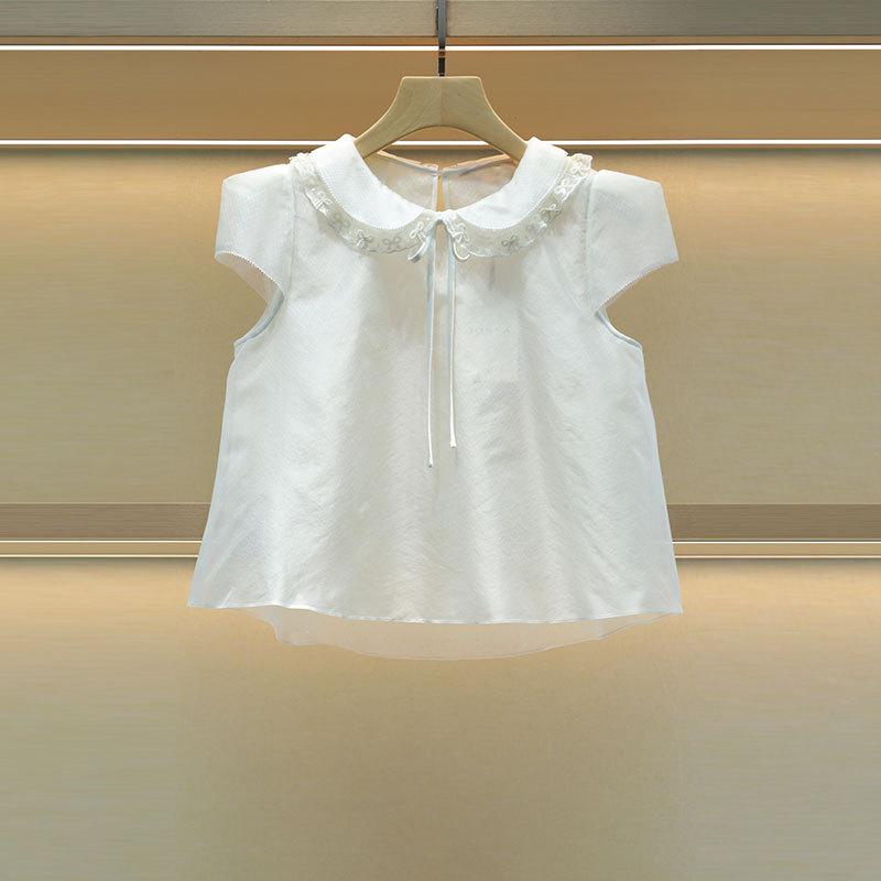 レディース シャツ 米白 短袖 短丈 ドールカラー 泡泡袖 花辺 蝶結び レース 甘め フレッシュ プリンセス 秋 トップス ブラウス かわいい 清新 百搭|emuland