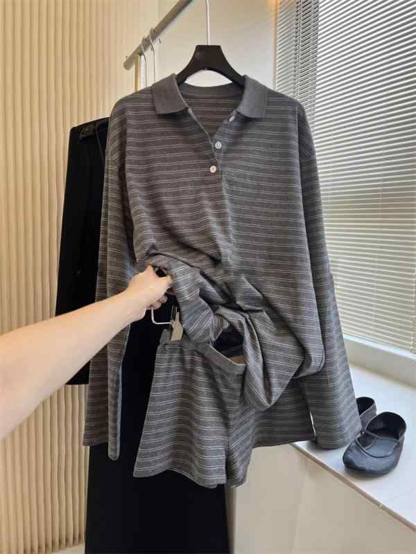 セットアップ レディース 上下セット Tシャツ ショートパンツ 長袖 襟付き 灰色 ストライプ柄 カジュアル 春夏|emuland