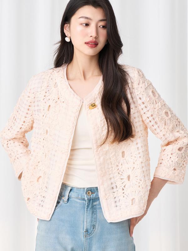 ジャケット レディース ショート丈 フレンチスタイル 立体花モチーフ編み ニットカーディガン 透かし編み リゾート カジュアル|emuland