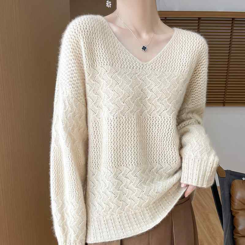 ニット レディース Vネック カシミヤ ウール 長袖 プルオーバー 透かし編み ジャガード ゆったり 体型カバー シンプル カジュアル きれいめ 通勤用 秋冬 柔らかい 伸縮性 暖かい 着回し力｜emuland 9,483円
