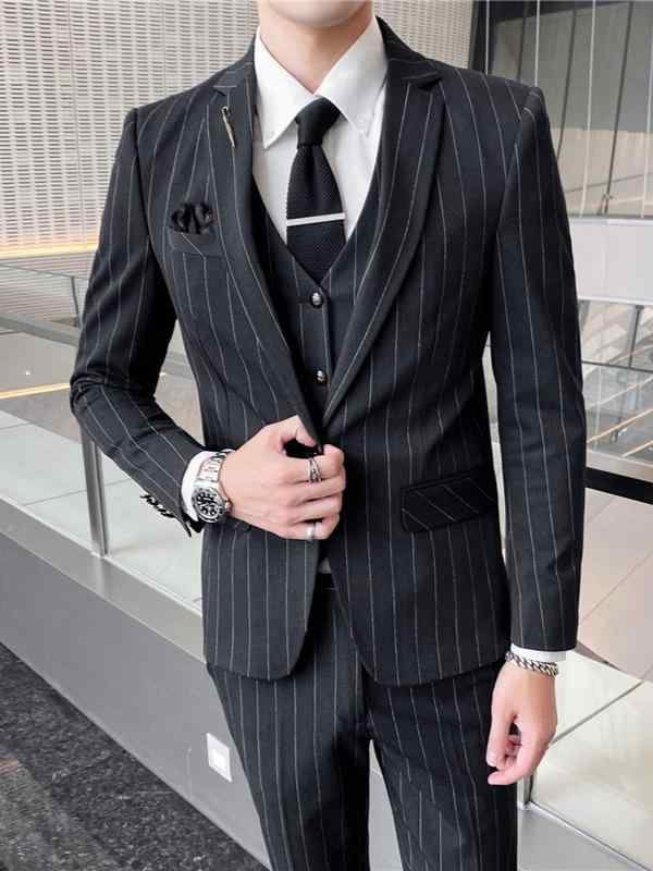 メンズ 西装 三件セット ビジネス スーツ ジャケット ベスト パンツ 修身 ストライプ 宴会 結婚式 礼服 平領 シングルブレスト ボタン 後ろスリット 化粧繊維 混紡 醋酸繊維 70% ビジネスカジュアル フォーマル グレー 黒 ネイビー オールシー|emuland