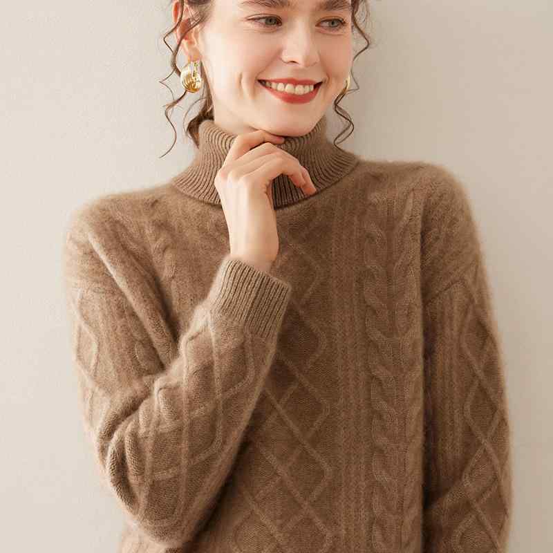ニット レディース タートルネック カシミヤ 長袖 プルオーバー セーター 厚手 菱形模様 保暖 インナー ゆったり 暖かい 防寒 伸縮性 シンプル 無地 秋冬｜emuland